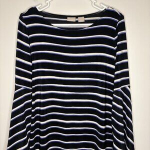 CHICO'S Travelers Striped Pull On Tunic Womens M 8/10 Black Bell Sleeve Stretch